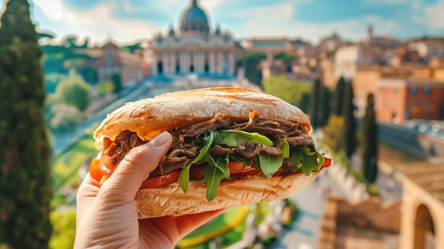 Hand holds beef sandwich against backdrop of Vatican City under clear blue sky