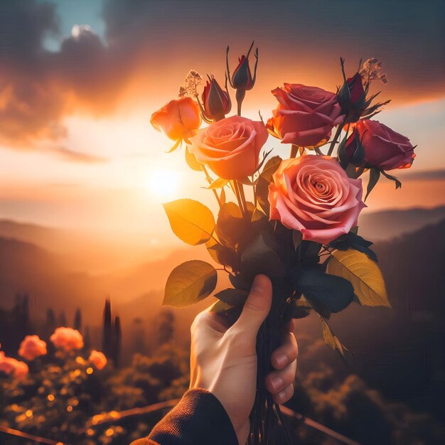 рука держит букет роз с закатом солнца на заднем плане