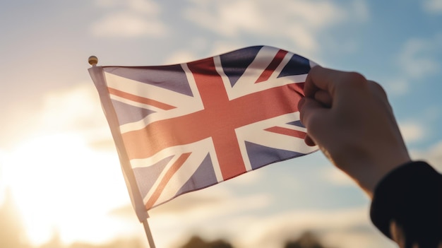 A hand holds a british flag in front of a sunset