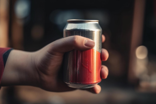 Hand holds a can of soda on the background of the city