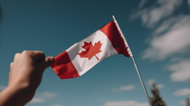 A hand holds a canadian flag in front of a blue sky.