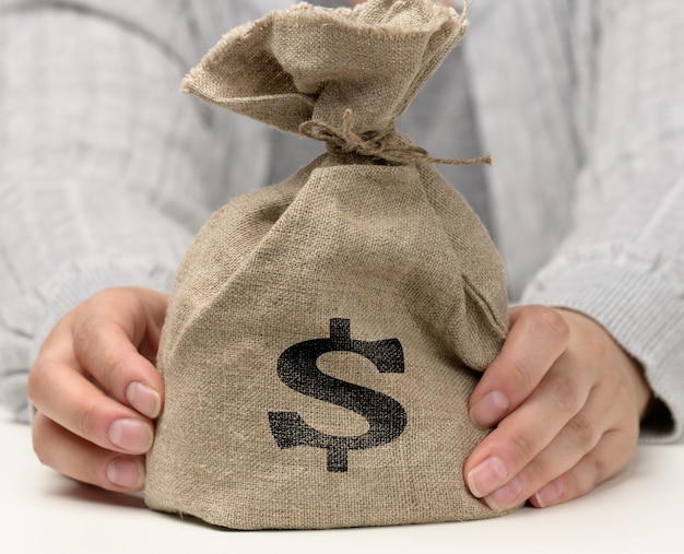 Hand holds a canvas bag full of money with a US dollar icon on a white background. Budget planning concept, profit and savings, final financial result