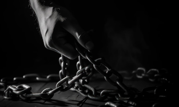 A hand holds a chain in a dark room.