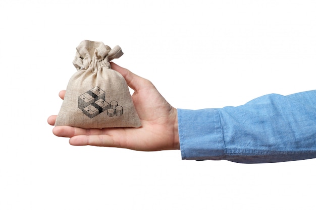 Hand holds cloth bag with money icon on white background.