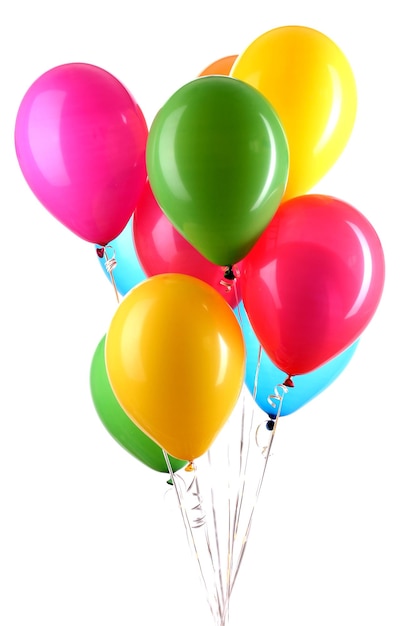 Photo hand holds colorful balloons isolated on white