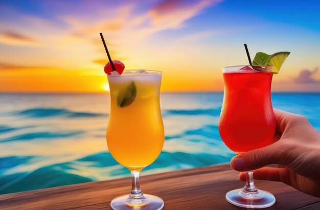 Photo hand holds colorful cocktail on sea background near another cocktail