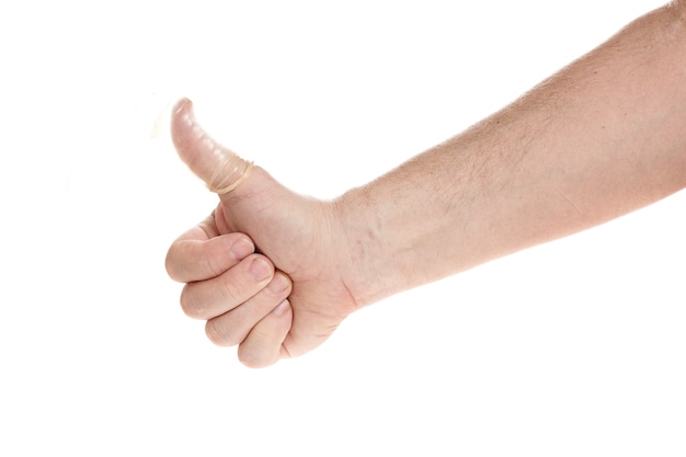 Photo hand holds a condom on a white background, a template for designers. close up