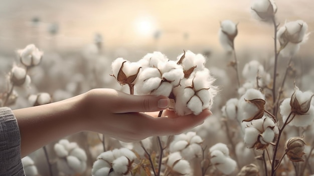 A hand holds a cotton plant in a field.