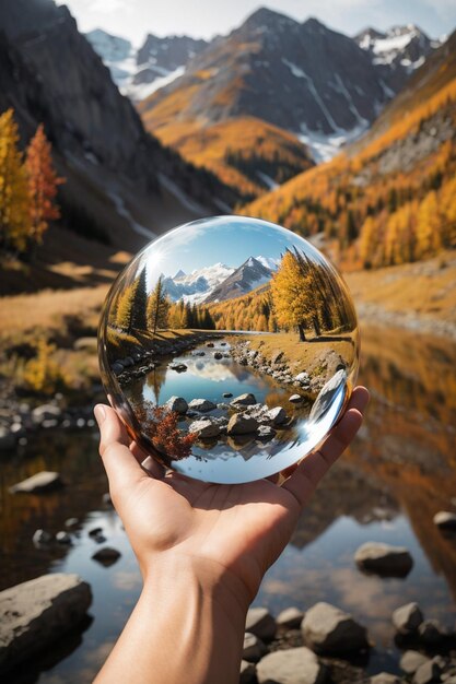 A hand holds a crystal ball containing a vertically mirrored image of the background landscape The