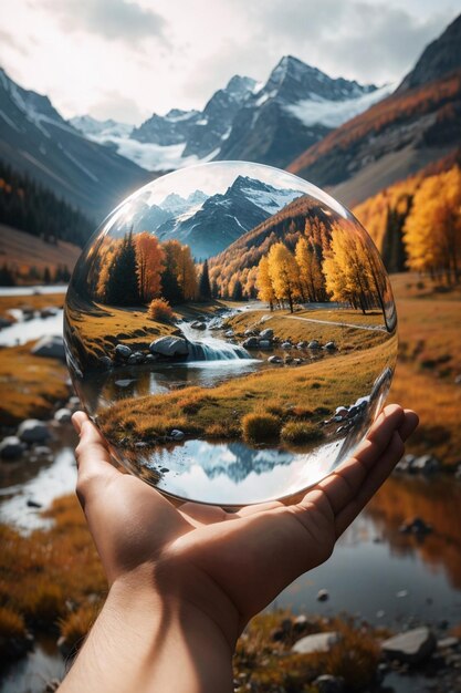 A hand holds a crystal ball containing a vertically mirrored image of the background landscape The