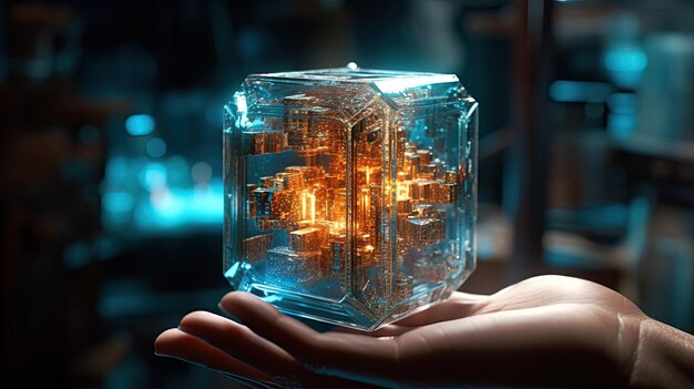 A hand holds a cube with the words'the matrix'on it