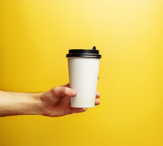 Una mano tiene una tazza di caffè su sfondo giallo bevande da asporto