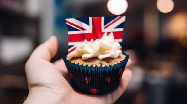 A hand holds a cupcake with the british flag on it.