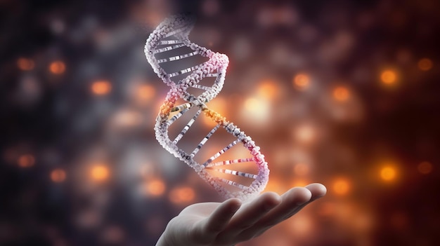 A hand holds a dna strand in the air.