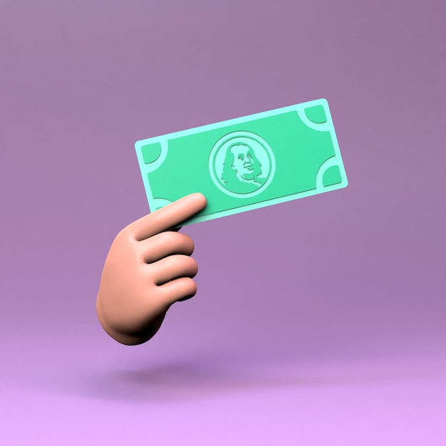 La mano tiene un'illustrazione di rendering 3d di banconote in dollari