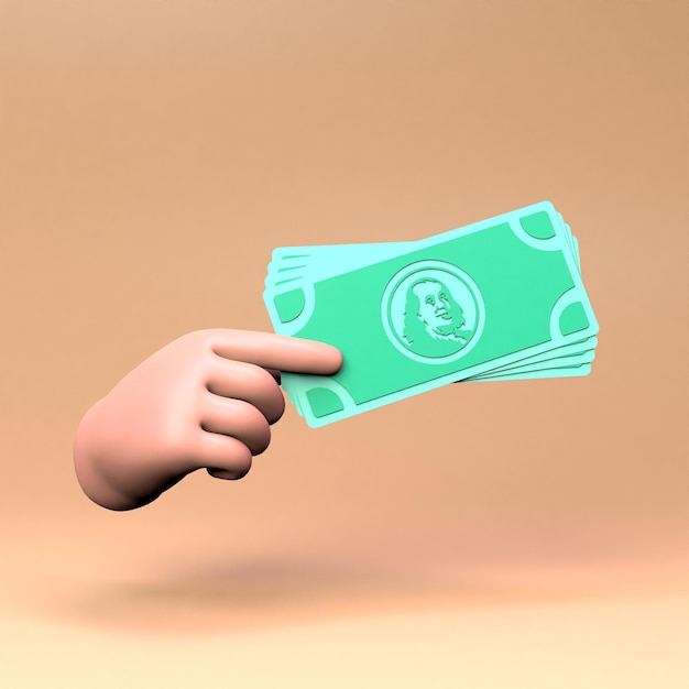 The hand holds a dollar bill 3D render illustration