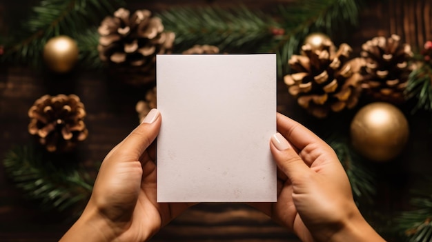 한 손 은 크리스마스 종이 별 들, 나무 나무, 소나무 가지 들, 농촌 나무 들 을 배경 으로 빈 인사 카드 를 들고 있다