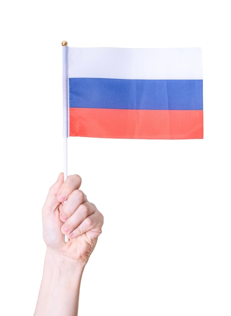手は白い絶縁された背景にロシアの国旗を保持しています。