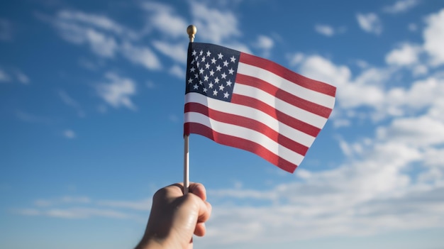 A hand holds a flag that says usa on it.