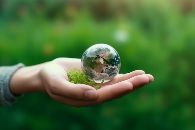 A hand holds a glass globe with the planet earth on it.