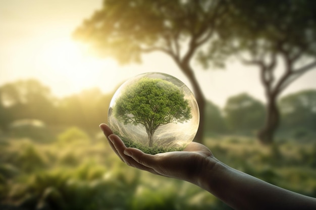 A hand holds a glass globe with a tree growing through it.