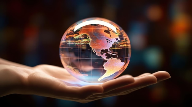 A hand holds a glass globe with the word america on it.