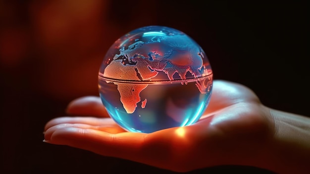 A hand holds a glass globe with the world on it.