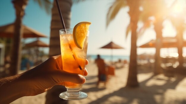 The hand holds a glass with a cocktail Fresh drinks Sunny day beach palm trees vacation