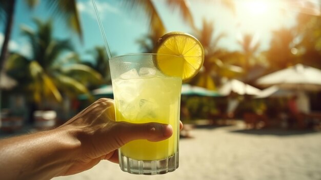 The hand holds a glass with a cocktail Fresh drinks Sunny day beach palm trees vacation