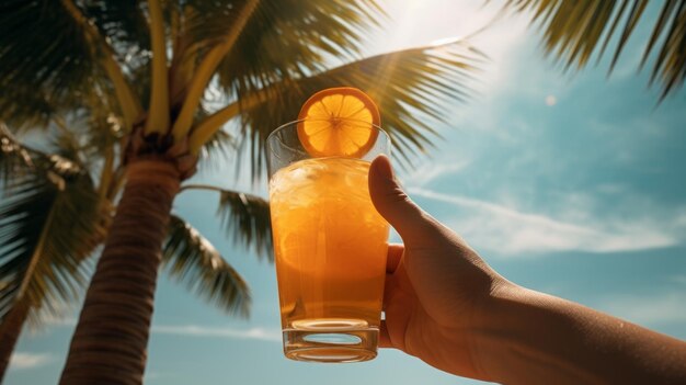 The hand holds a glass with a cocktail Fresh drinks Sunny day beach palm trees vacation