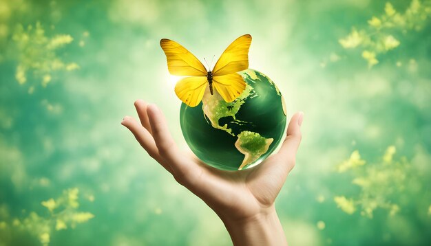 Photo a hand holds a globe with a green background and a green world globe in the middle