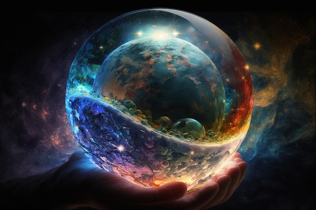 A hand holds a globe with the planet earth in the center.