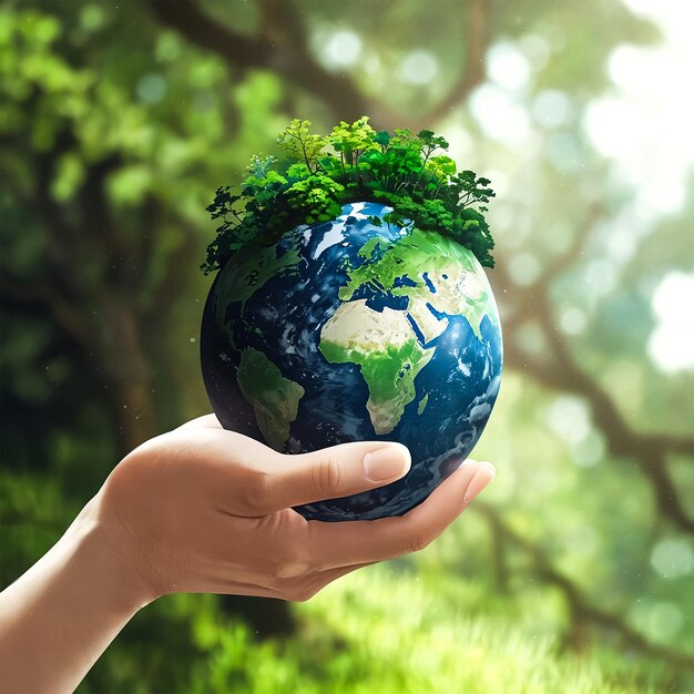 a hand holds a globe with a tree in the background