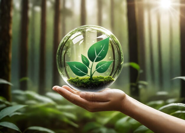 a hand holds a globe with a tree growing out of it