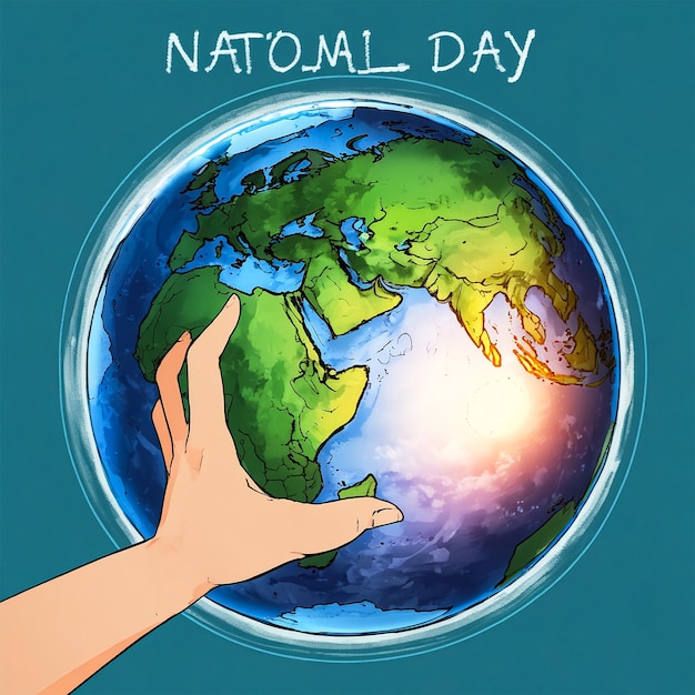 한 손 은 '국가 의 날'이라는 글자 가 새겨진 지구 를 들고 있다