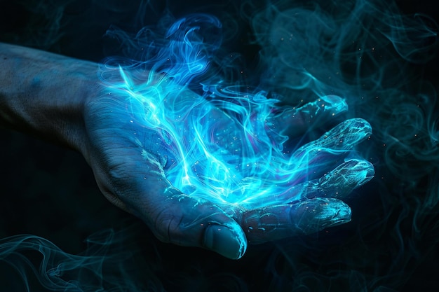 hand holds a glowing blue fireball exuding magic and power