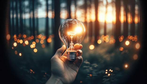 Hand holds a glowing light bulb against a backdrop of a forest at dusk symbolizing ideas innovation and inspiration in nature