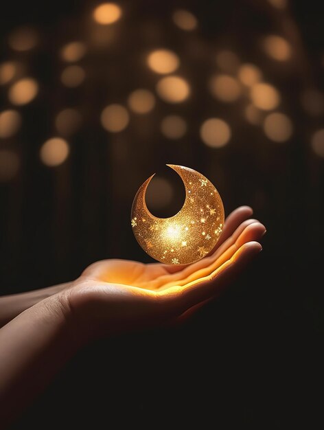 A hand holds a golden moon in the dark