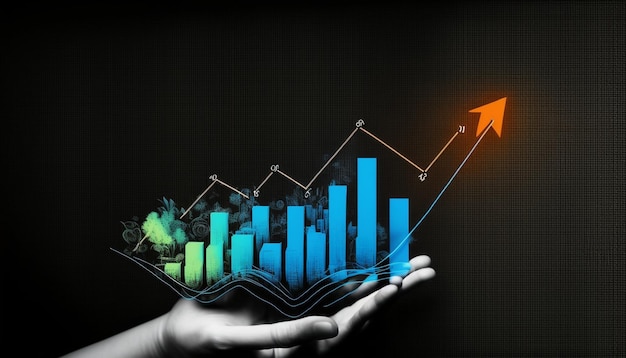 A hand holds a graph with a orange arrow pointing up.