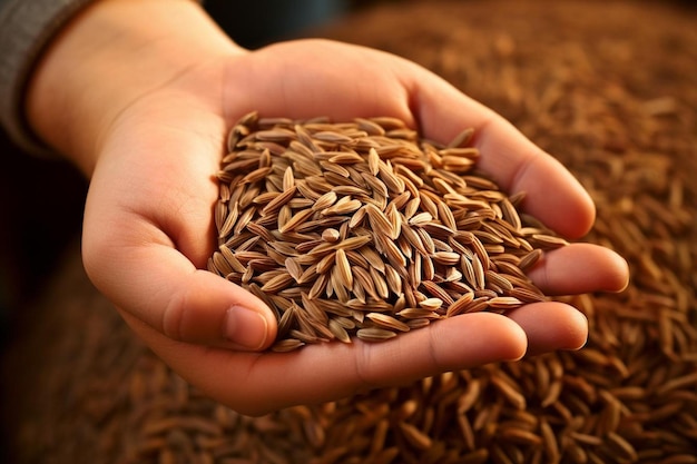 a hand holds a handful of seeds.