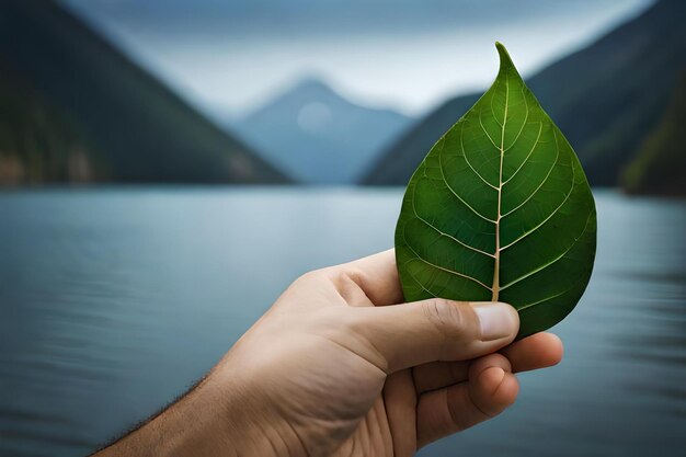 Photo a hand holds a leaf with mountains in the background.