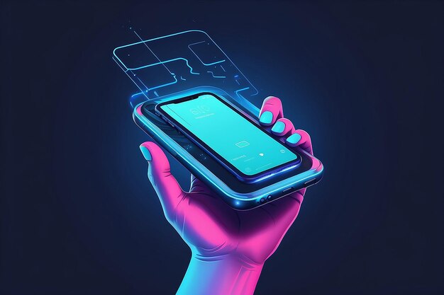 The hand holds a levitating mobile phone Vector illustration in neon blue tones Horizontal banner template