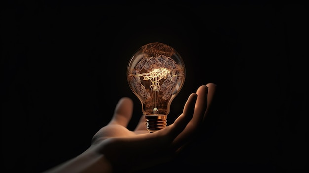 A hand holds a light bulb with a black background.