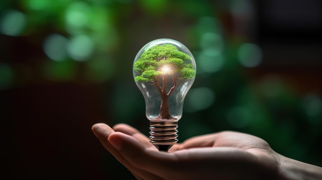 A hand holds a light bulb with a tree inside it.