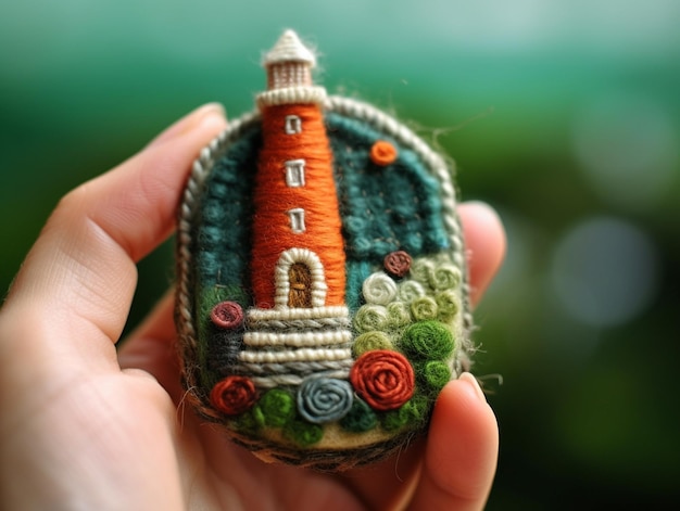 A hand holds a lighthouse ornament with flowers and a green background.