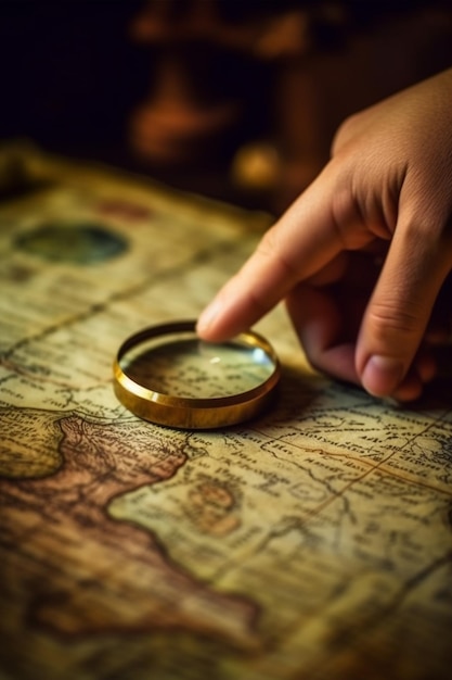 A hand holds a magnifying glass over an antique map AI generated