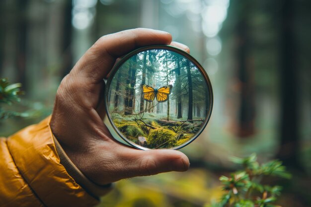 A hand holds a magnifying glass in a forest focusing on a butterfly highlighting details often misse