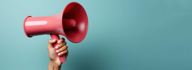 Hand holds megaphone on blue background with copy space Banner with loudspeaker for advertising ads