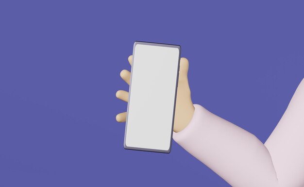 Hand holds mobile phone purple background 3d rendering Smartphone screen mockup Blank gadget display advertising design