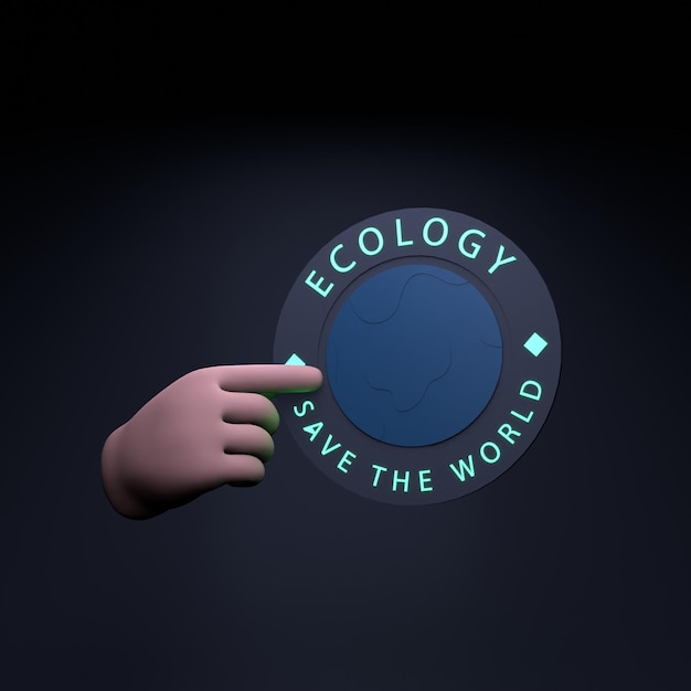 The hand holds a neon Icon on the theme of ECO Ecology and conservation of the planet 3d render illustration